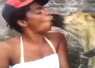 White tank-top lady makes out with a mutt